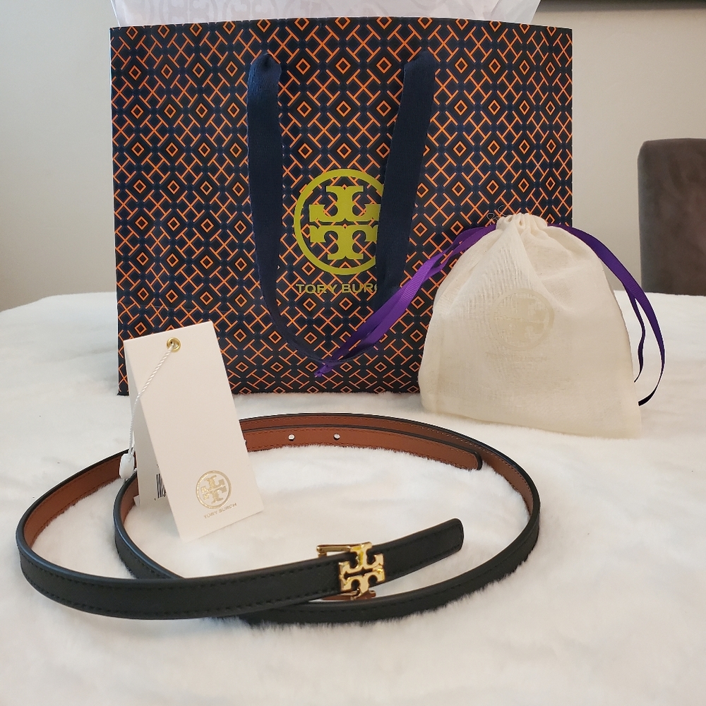 PRICE FIRM! BRAND NEW! TORY BURCH Black/Brown Reversible Logo Belt 1/2"